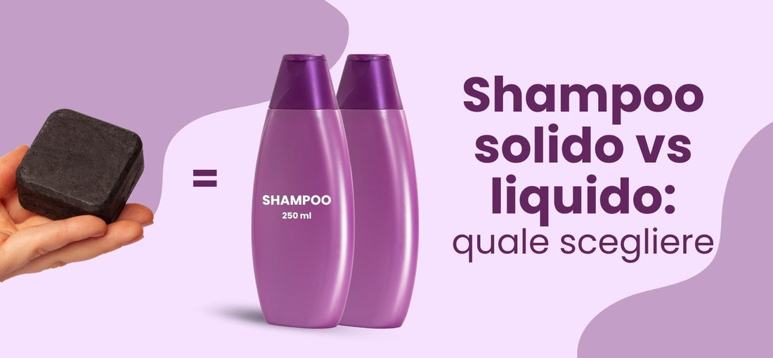 Shampoo solido a confronto con due flaconi di shampoo liquido