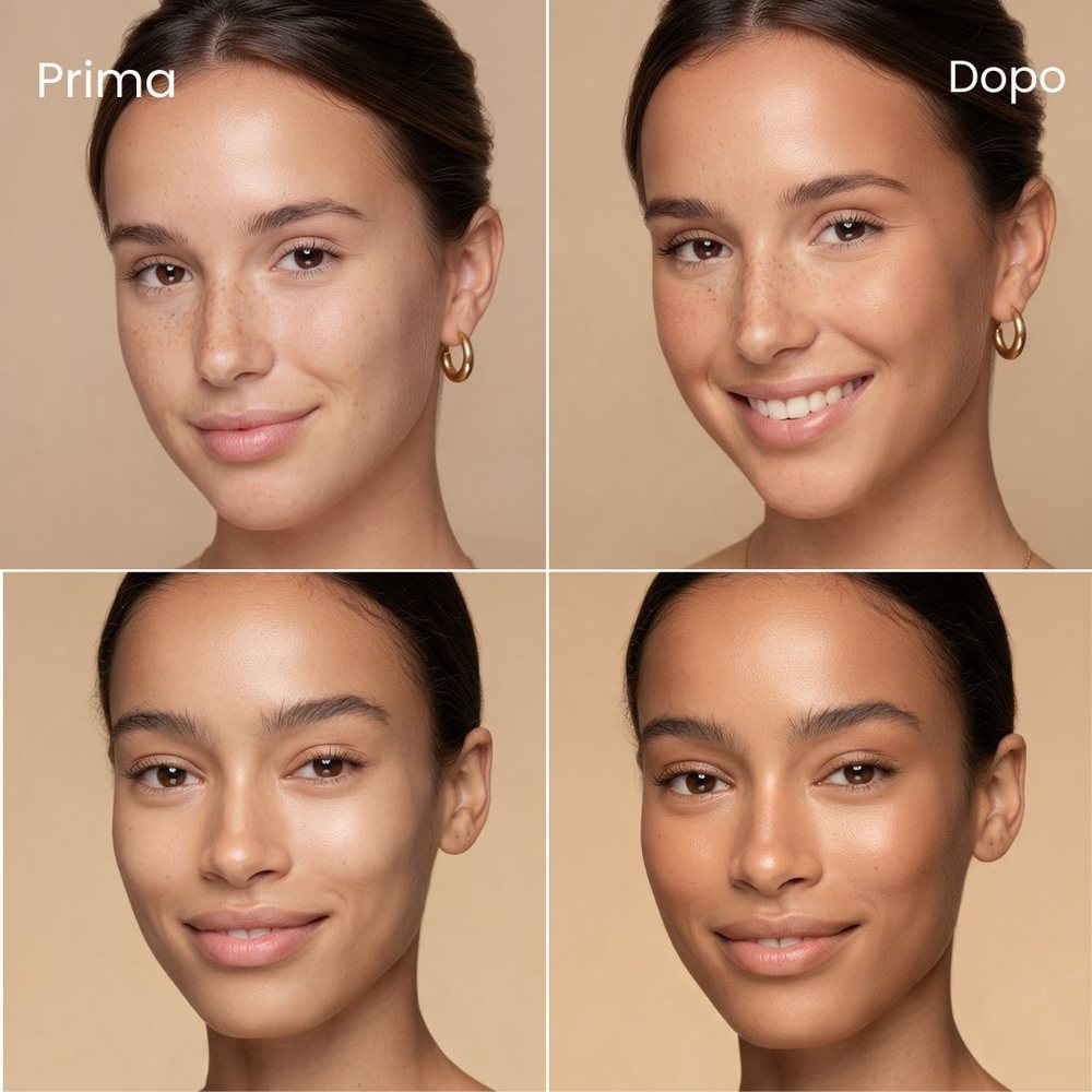 Due visi prima e dopo il bronzer in stick Biscuit di Enooso