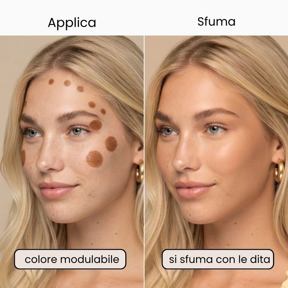 Il bronzer in stick Mocha applicato sul viso e poi sfumato con le dita