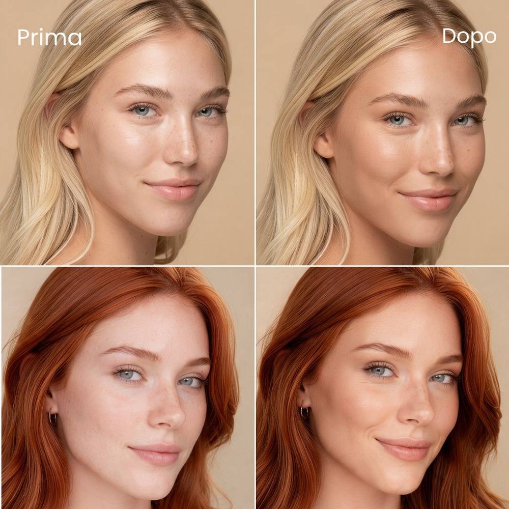 Due visi prima e dopo il bronzer in stick Mocha di Enooso