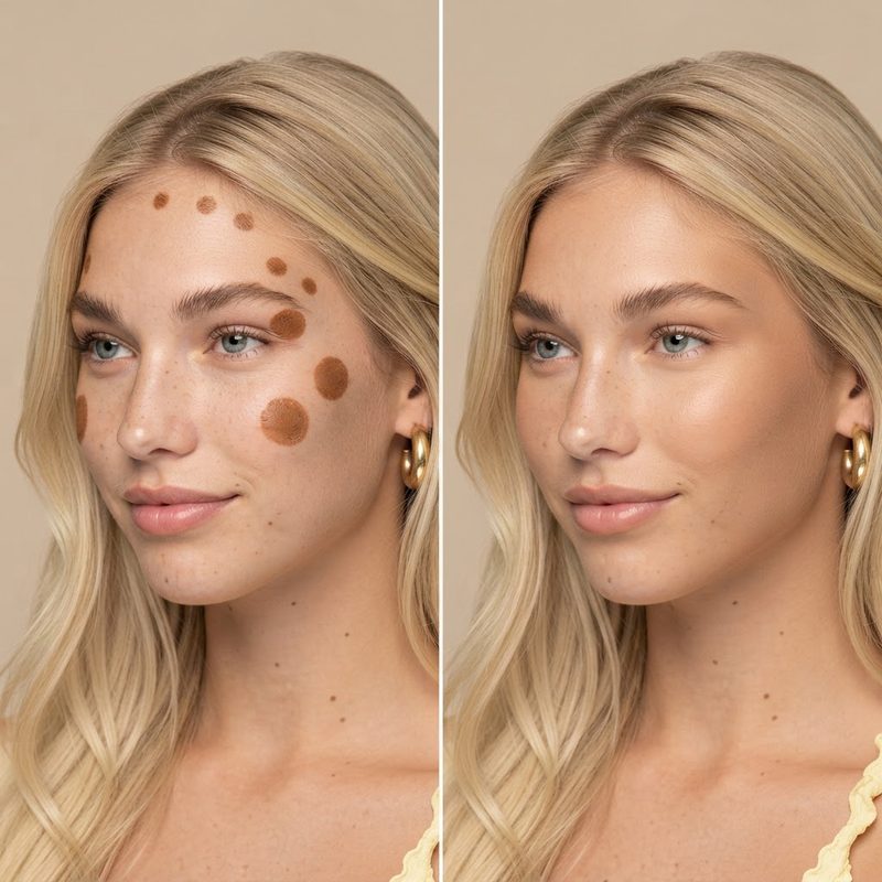 Un tocco di bronzer in stick su fronte, zigomi e naso, prima e dopo averlo sfumato