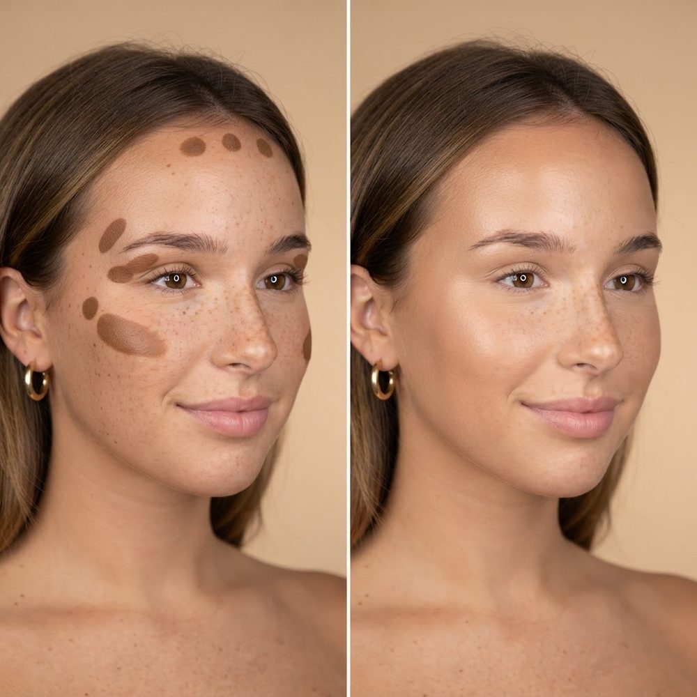 Le righe di contour sul viso prima e dopo la sfumatura con le dita