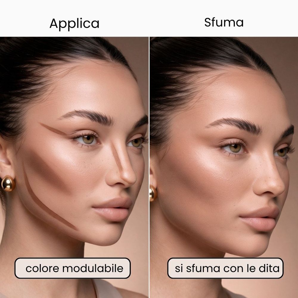 Il contour in stick Espresso applicato sul viso e poi sfumato con le dita