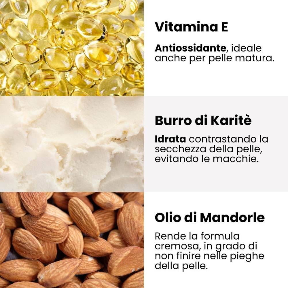 Vitamina E, burro di karité e olio di mandorle, ingredienti degli stick Enooso