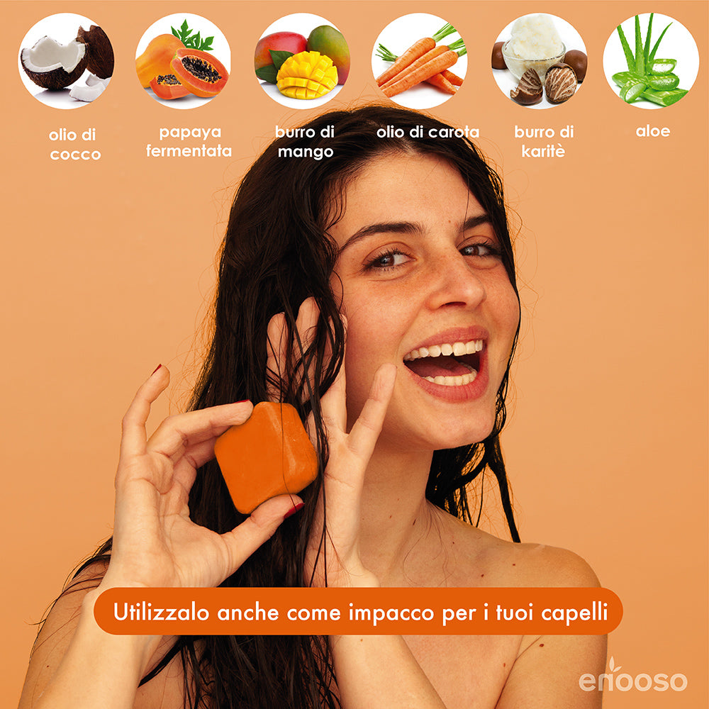 balsamo shampoo solido capelli Mango danneggiati con burro di Mango e Papaya 55 g  100% Artigianale Biologico Vegano  Made in Italy  papaya rinforzante ristrutturante cosmetica solida prodotti per capelli bio vegan naturali bellezza autentica pura