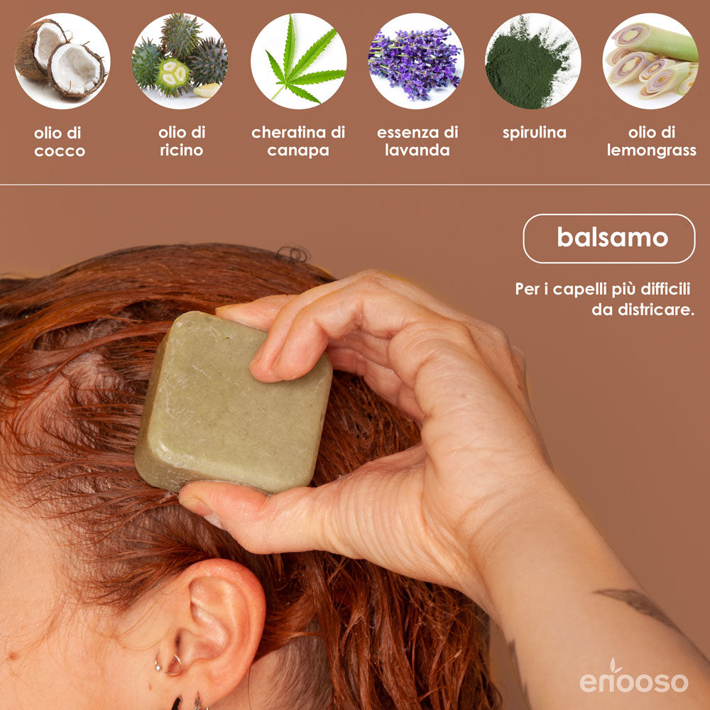 shampoo balsamo solido districante purificante eco bio vegan cura dei capelli spenti olio di cocco bellezza naturale e sostenibile 