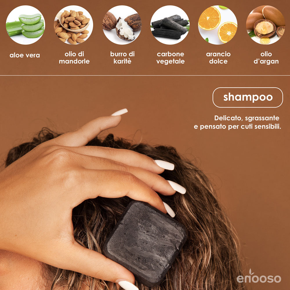 shampoo solido purificante antiforfora nutriente carbone attivo vegetale cruelty free vegan bio sostenibile cura dei capelli