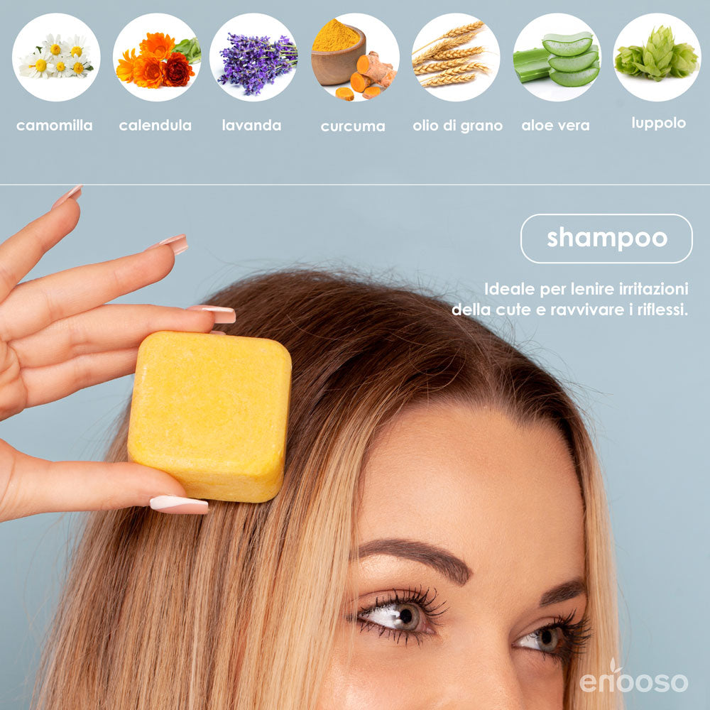 Shampoo Solido Bio Lenitivo e Illuminante alla Camomilla, Calendula e Luppolo 130 g per cute sensibile - Enooso - 100% Artigianale Biologico Naturale Vegano - Made in Italy
