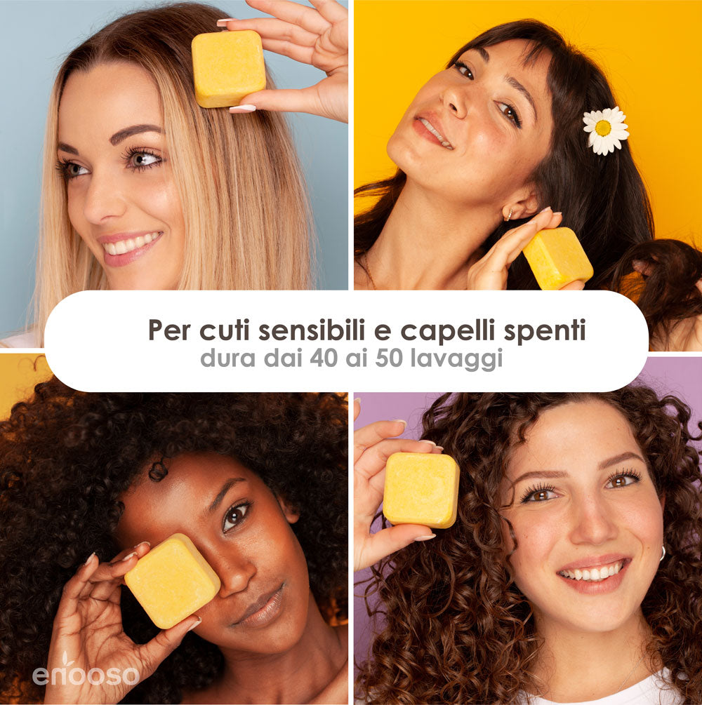 Shampoo Solido Bio Lenitivo e Illuminante alla Camomilla, Calendula e Luppolo 130 g per cute sensibile - Enooso - 100% Artigianale Biologico Naturale Vegano - Made in Italy